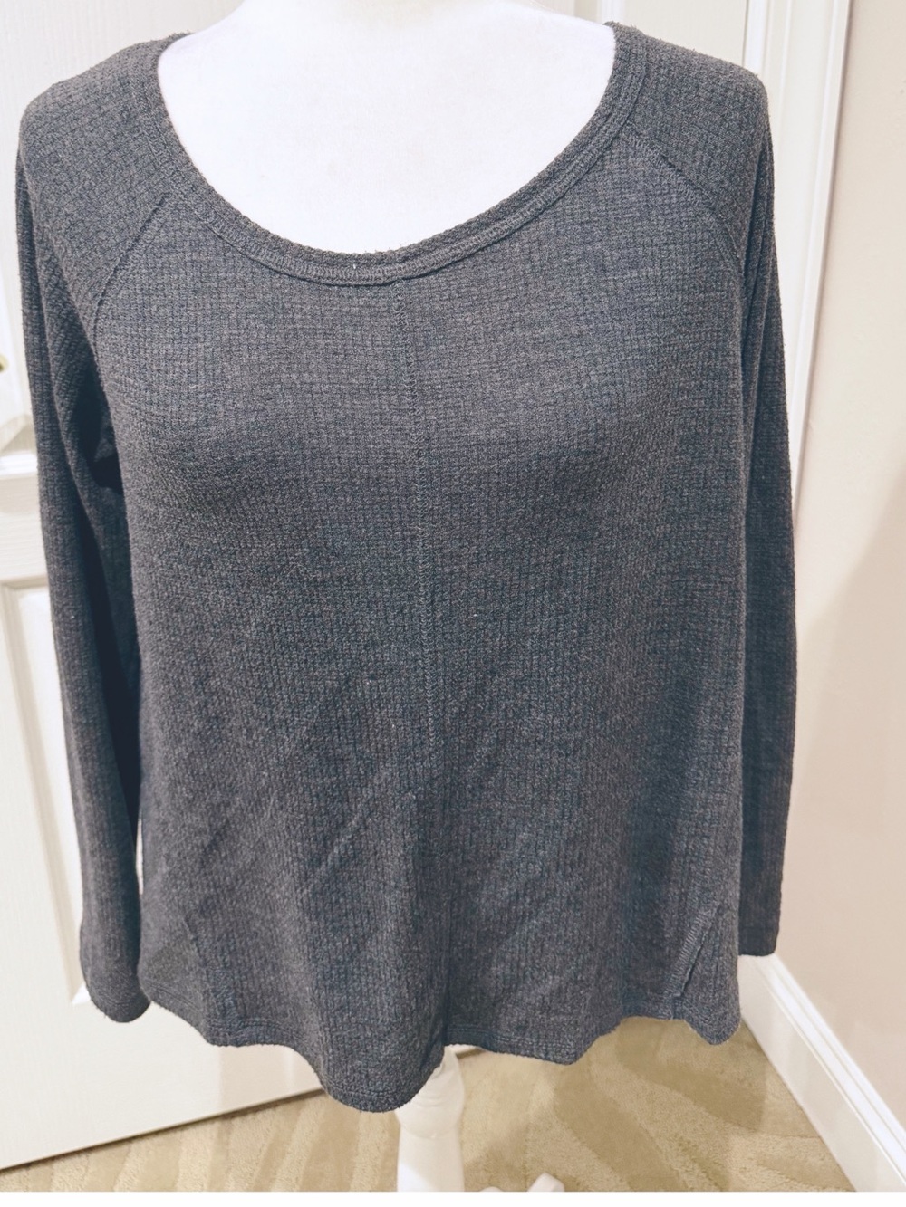 Charcoal Grey Waffle Pattern Sweater with Puckered Back with Slit
